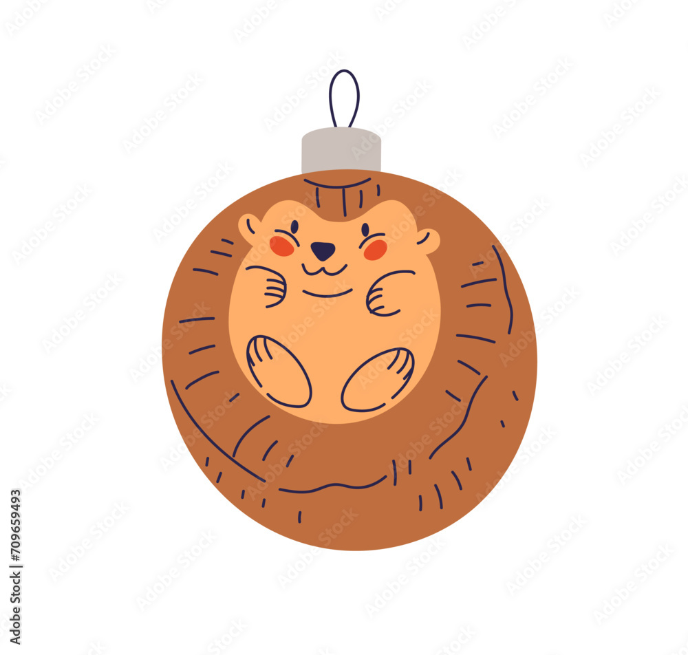 Wall mural Christmas bauble in vintage style. Retro Xmas ball, holiday tree ornament. Cute funny hedgehog animal in sphere. New Year decoration. Flat vector illustration isolated on white background