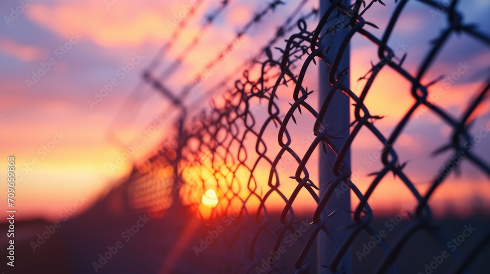 Aufkleber sun setting behind chain link fence