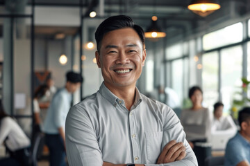 Happy Asian Businessman Leading Team In Contemporary Office Setting