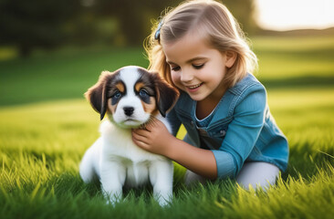 Cute puppy sitting with a girl on a green lawn.