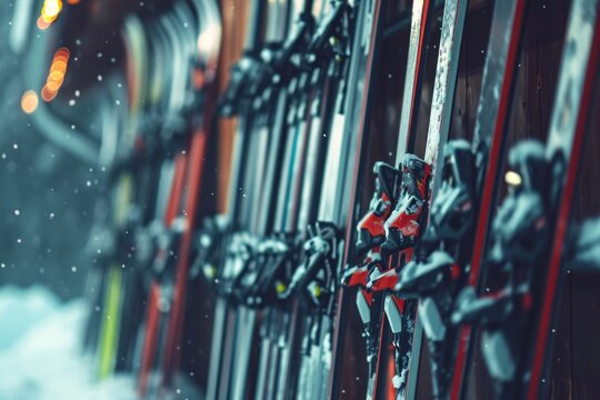 Skis lined up against a wall
