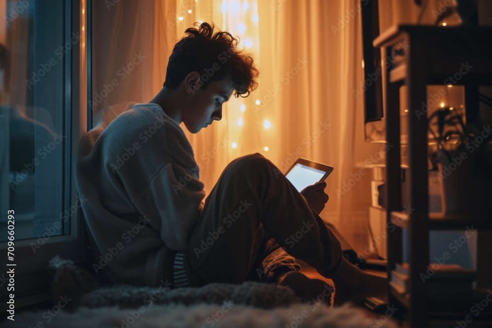 Aufkleber Man using tablet computer on the floor