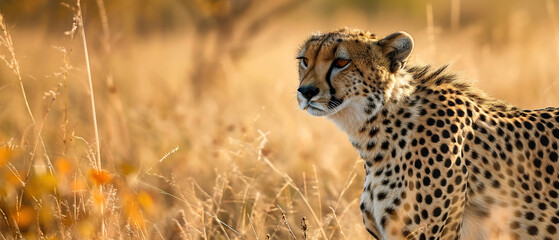 a cheetah in jungle landscape wallpaper, wildlife photo, with empty copy space