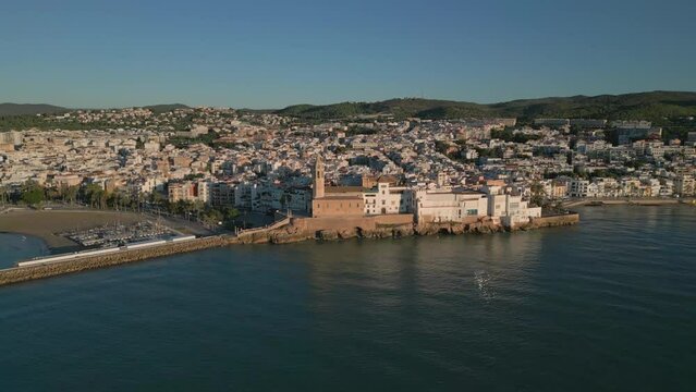 Sitges town Aerial view, San Bartolome and Santa Tecla Church, Barcelona