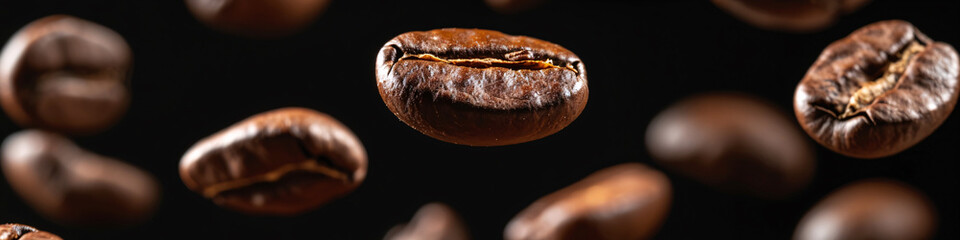 a roasted coffee bean on the air isolated on a black background banner, a falling coffee bean, International Coffee Day concept