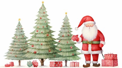 A Christmas watercolor illustration of Santa with Christmas tree. Cute Santa Claus on white background. 