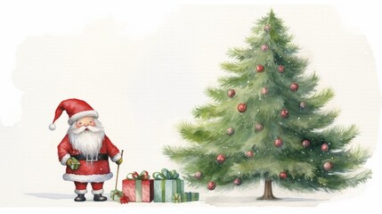 A Christmas watercolor illustration of Santa with Christmas tree. Cute Santa Claus on white background. 