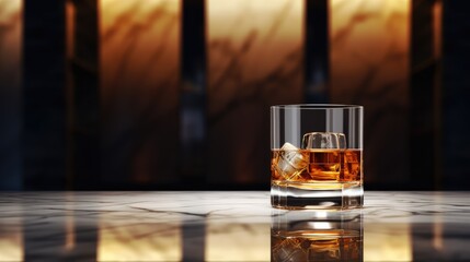 A glass of elegant straight or neat whiskey on a bar counter with a dark, minimalistic atmosphere. Drinking art concept.