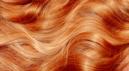 Red hair close-up as a background. Women's long orange hair. Beautifully styled wavy shiny curls. Hair coloring bright shades. Hairdressing procedures, extension. - obrazy, fototapety, plakaty
