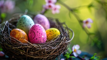 Fototapeta na wymiar Colorful Easter eggs in a nest decorated with spring flowers. 