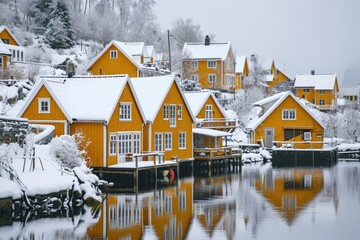 Yellow Houses on Snow-Covered Hillside