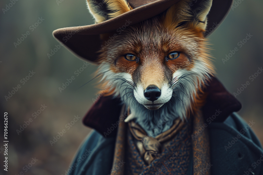 Poster a picture of a fox dressed in a suit . this image can be used to represent a clever and stylish char