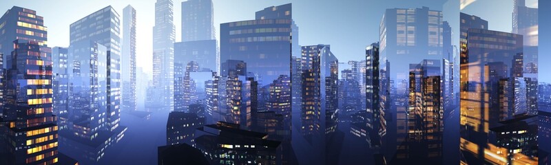 Beautiful evening city with skyscrapers in the darkness, 3D rendering - obrazy, fototapety, plakaty