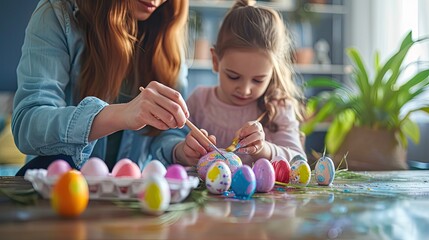 Mother and daughter prepare for Easter together, painting egg ester .