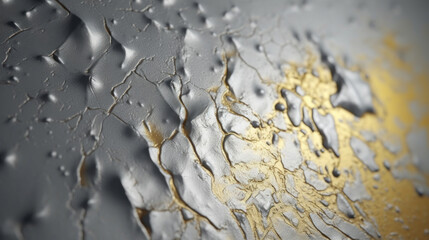 An abstract cracked surface detail with gold paint highlighting the textures and creating a contrast.