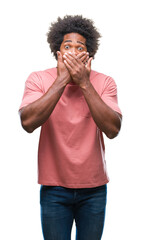 Afro american man over isolated background shocked covering mouth with hands for mistake. Secret...