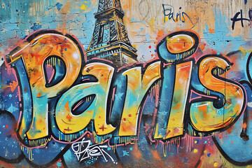 Paris graffiti on the wall with Eiffel Tower