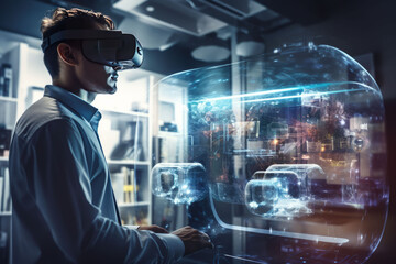 Young man interacting with virtual reality objects. AI generativ