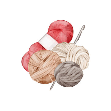 Knitting set: a ball of thread, a skein of yarn, a pasma, a hook. Isolated watercolor illustrations. Clipart for knitting blogs, creative studios, needlework stores, certificate, booklets, packaging
