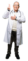 Handsome senior doctor man wearing medical coat Swearing with hand on chest and fingers, making a loyalty promise oath