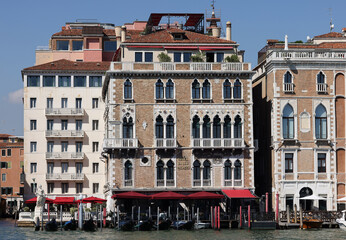 Fototapeta na wymiar View from Punta della Dogana of the palaces and beautiful houses along the Grand Canal in the San Marco district of Venice