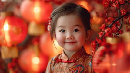 Blurry background of Chinese lantern with red plum blossoms, close-up, a cute Chinese child stood in front of a lantern, smiling.