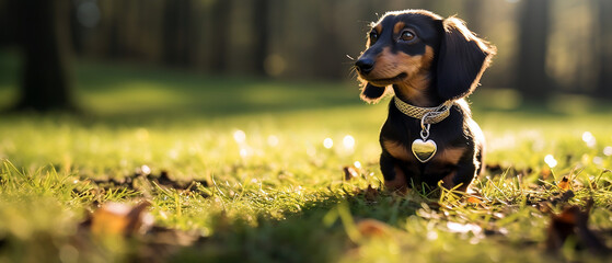 A cute dachshund dog sitting on the green grass in a sunny clearing of a forest in the afternoon sunset. Daytime outdoor shot in the woods.	 - Powered by Adobe