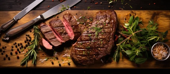 Fotobehang Medium Beef Rib Eye steak slices, spices and salt on wooden board with fork and knife. Generate AI © Leafart