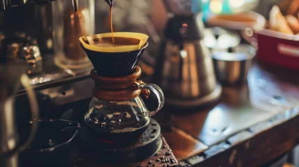 Keuken spatwand met foto Close up of espresso coffee machine with freshly brewed coffee in a cafe setting © HappyKris