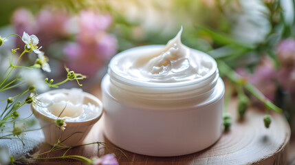 Natural Skincare Cream with Floral Essence on Wooden Background