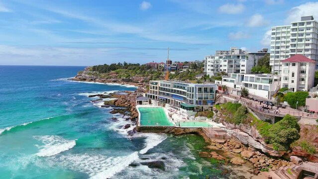 Sydney, Australia: Aerial view of iconic Bondi Beach, famous surf beach in capital city of Australian state of New South Wales and most populous city in Australia, sunny day with blue sky