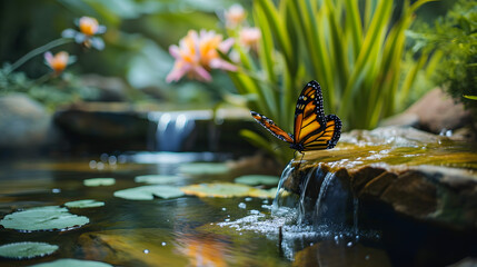 Fototapeta na wymiar Monarch Butterfly on Rock by Waterlily Pond