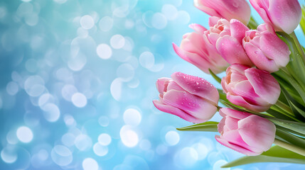 Pink Tulips with Water Drops on Blue Bokeh Background