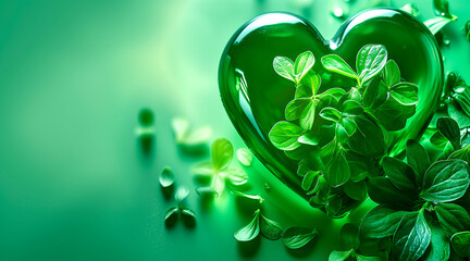 Green heart with leaves. Copy space. Valentine's day concept. Concept of love for nature, respect for the environment. recycle, reuse, sustainability
