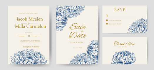 Navy blue peony flower wedding invitation card with golden gold text. Template card set.	