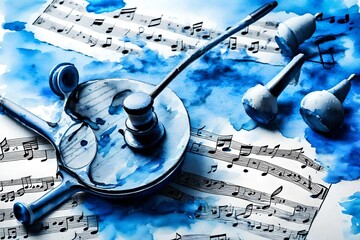 Butterfly, violin and notes. Blue morpho butterfly and violin. Melody concept. Photo of old music...