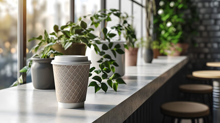 Takeaway coffee cup on modern cafe counter with indoor plants and natural light