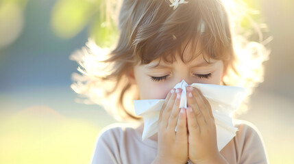 Child Blowing Nose with Tissue Outdoors Allergy or Cold Concept - obrazy, fototapety, plakaty