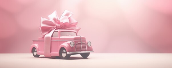 Pink toy retro car with ribbon bow on rose background. Present for Valentine's, Mother's and Women's day concept. Greeting card, banner, poster, flyer, backdrop with copy space