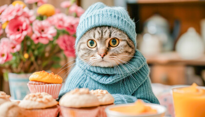 Cat (Felis catus) eating breakfast, Love Your Pet Day celebration, February, concept Animals, generative ai