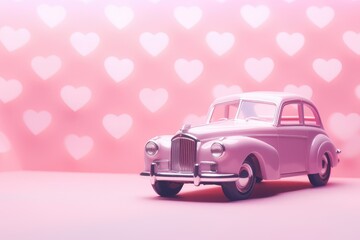 Pink toy retro car with hearts on rose background. Present with love for Valentine's, Mother's and Women's day concept. Greeting card, banner, poster, flyer, backdrop with copy space