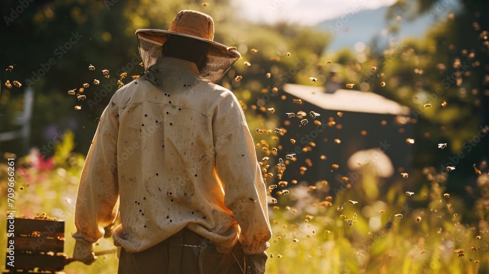 Poster man in bee suit standing in field of bees