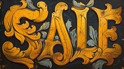 The text Sale in art nouveau style. Combination of gold and black with floral elements