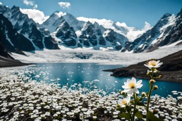 Frozenned flower on background blue sky.Winter landscape, white sun light, mountains