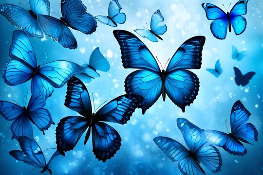 Shades of blue. Blue abstract blurred background. Blue butterflies morpho on a blurred blue background