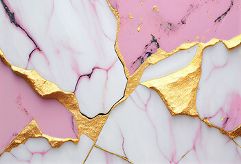 Pink and gold marble surface with gold detail. 