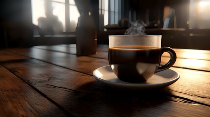 Fototapeta premium Coffee cup on wooden table in coffee shop, stock photo