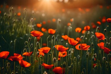 field of red poppies, Photo of a Summer poppy field