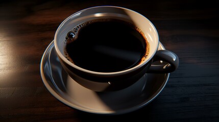 Cup of coffee on wooden table in dark tone. 3d illustration