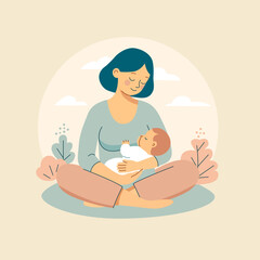 Breastfeeding illustration, lovely mom holding infant feeding a baby with breast with nature. Vector illustration